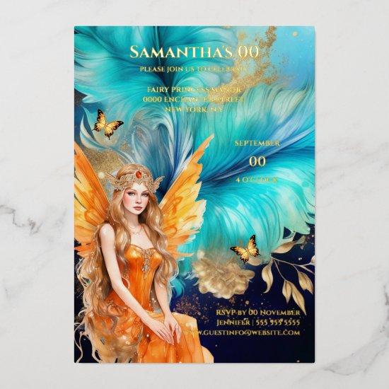 Fairy princess teal orange mythical fairytale foil