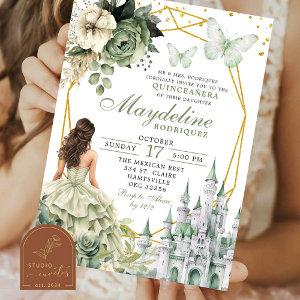 Fairytale Castle Sage Green Floral Quinceanera