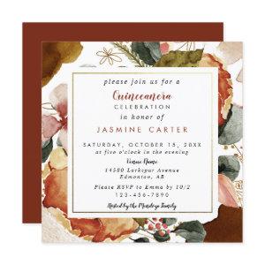 Fall Autumn Quinceañera Watercolor Flowers Orange