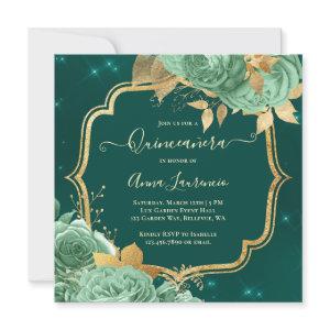 Fancy Sage Green Emerald Gold Floral Quinceanera