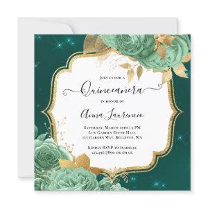Fancy Sage Green Gold Floral Roses Quinceanera
