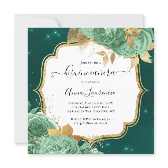 Fancy Sage Green Gold Floral Roses Quinceanera