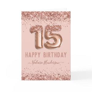 Fancy Script Pink Glitter Happy 15th Birthday Card