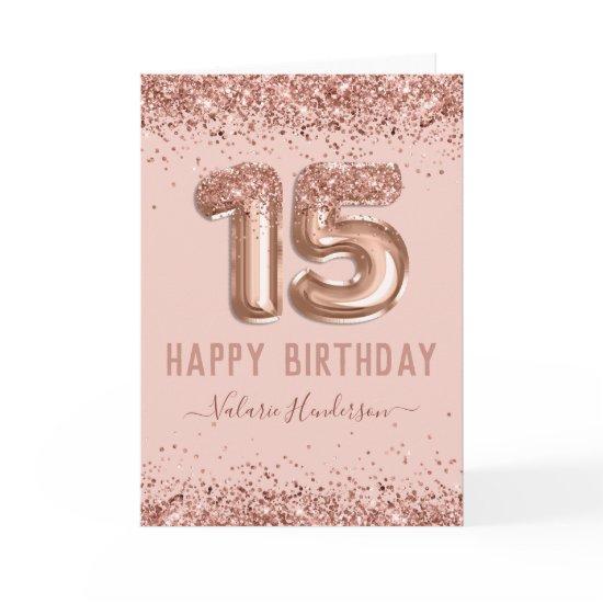 Fancy Script Pink Glitter Happy 15th Birthday Card