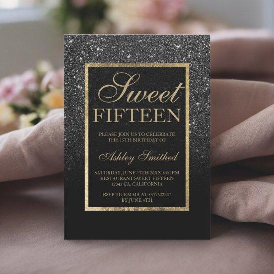 Faux black glitter gold elegant chic Sweet 15