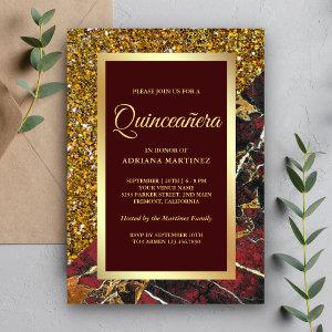 Faux Gold Glitter Burgundy Red Marble Quinceanera