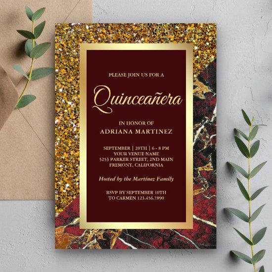 Faux Gold Glitter Burgundy Red Marble Quinceanera