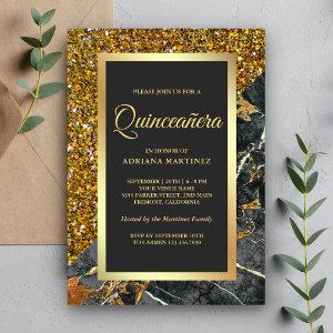 Faux Gold Glitter Charcoal Grey Marble Quinceanera