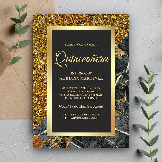 Faux Gold Glitter Charcoal Grey Marble Quinceanera