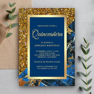 Faux Gold Glitter Royal Blue Marble Quinceanera