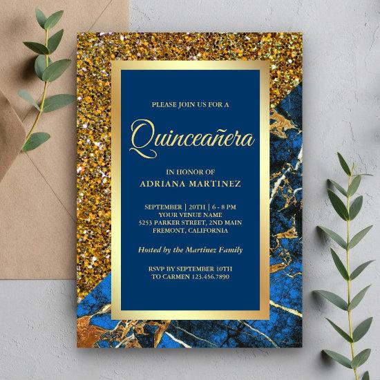 Faux Gold Glitter Royal Blue Marble Quinceanera