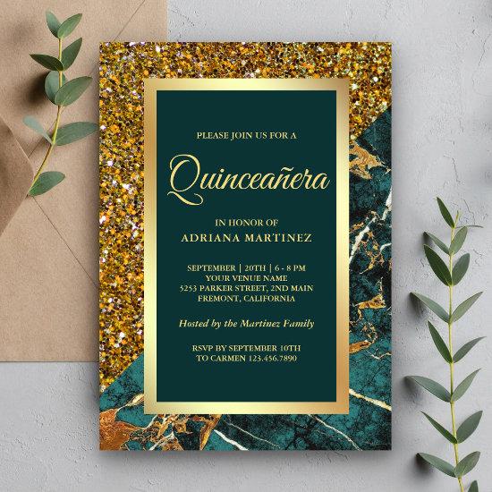 Faux Gold Glitter Teal Green Marble Quinceanera
