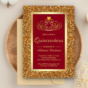 Faux Gold Glitter Tiara Princess Red Quinceanera