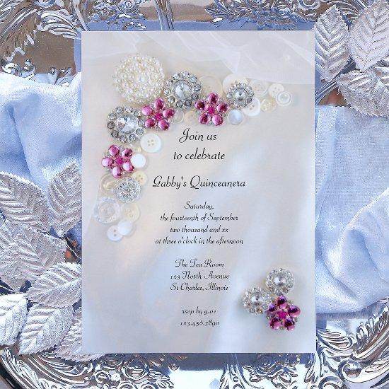 Faux Pearls Pink Diamond Buttons Quinceañera Party