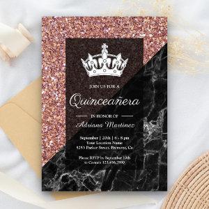 Faux Rose Gold Glitter Black Marble Quinceanera