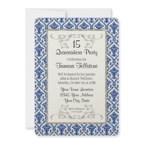 Faux Silver Glitter Damask Quinceanera Party