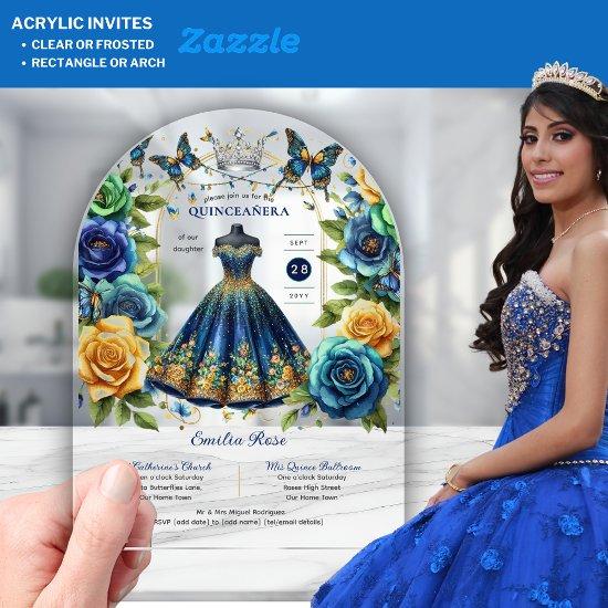 Fiesta Floral Butterflies QUINCEANERA Blue Gold Acrylic