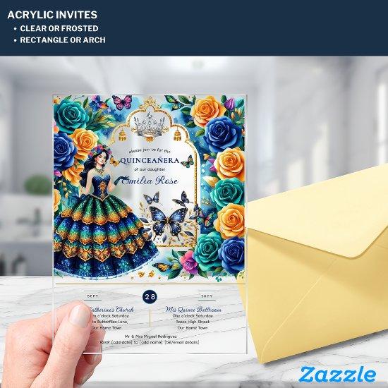 Fiesta Floral Butterflies QUINCEANERA Blue Gold Acrylic