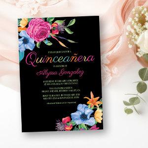 Fiesta Flowers Black Watercolor Floral Quinceanera