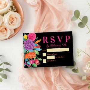 Fiesta Flowers Black Watercolor Floral RSVP Card