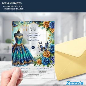 Fiesta Quinceanera Floral Butterflies Blue Gold Acrylic