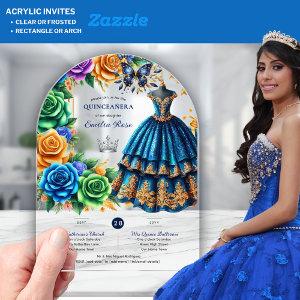 Fiesta Quinceanera Floral Butterflies Blue Gold Acrylic