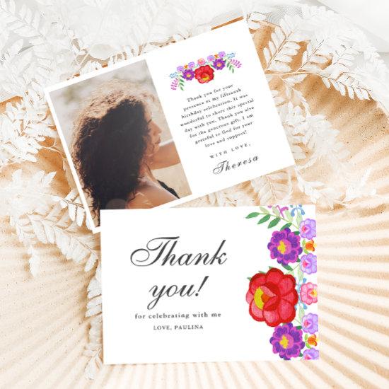 Fiesta Red Floral Photo Quinceañera Thank You Card