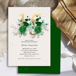 Floral 15 Emerald Green Cream and Gold Quinceanera