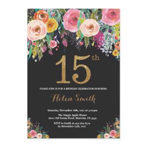 Floral 15th Birthday  Gold Glitter
