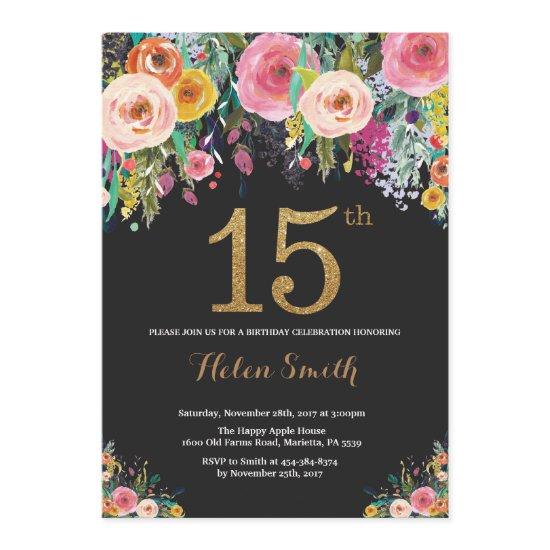 Floral 15th Birthday  Gold Glitter