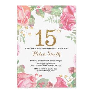 Floral 15th Birthday  Gold Glitter