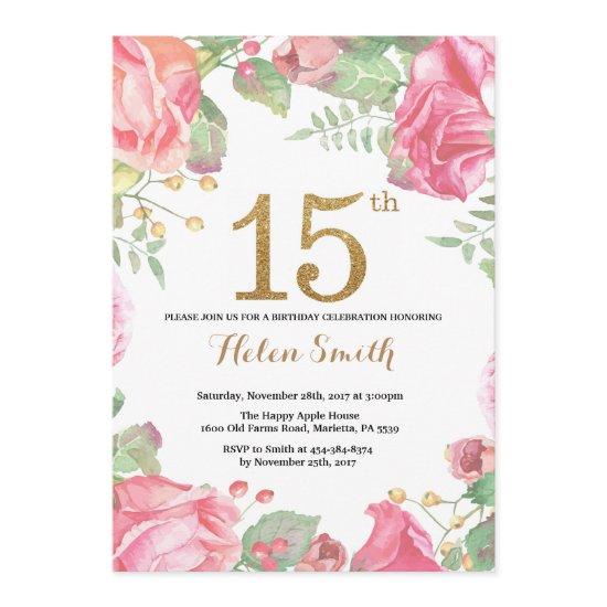 Floral 15th Birthday  Gold Glitter