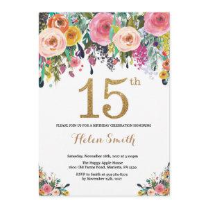 Floral 15th Birthday  Gold Glitter