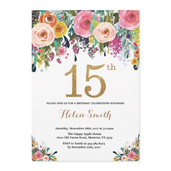Floral 15th Birthday  Gold Glitter