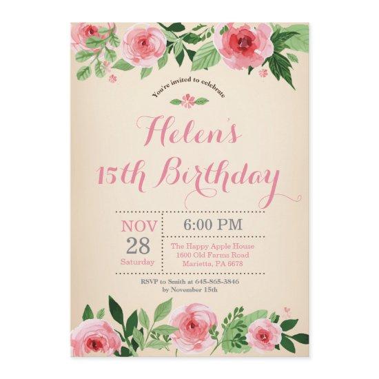 Floral 15th Birthday  Pink Watercolor