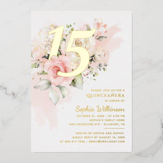 Floral 15th Birthday Quinceanera Script Gold Foil