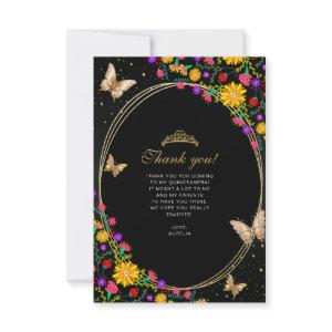 Floral Black Gold Butterfly Quinceañera Photo Note Card