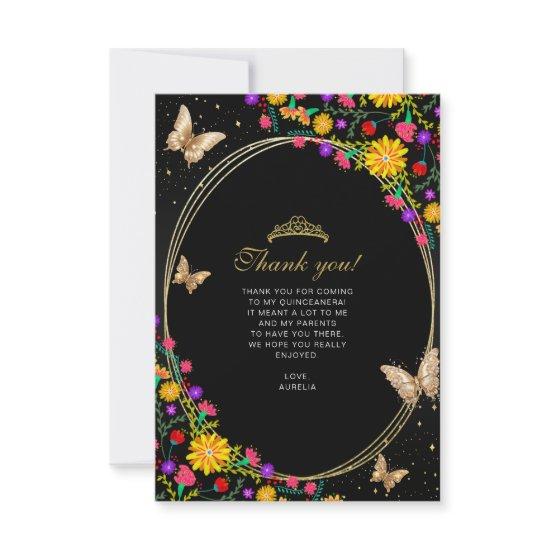 Floral Black Gold Butterfly Quinceañera Photo Note Card