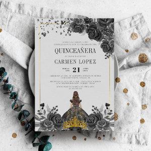 Floral Black Gold Princess Birthday Quinceanera