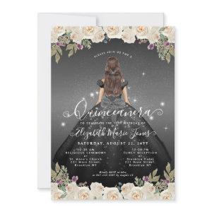 Floral Black Silver Gray Glam Princess Quinceanera