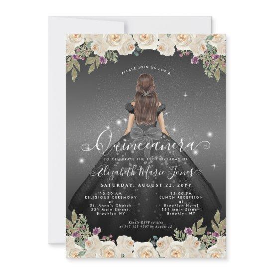 Floral Black Silver Gray Glam Princess Quinceanera