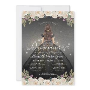 Floral Black White Gold Glam Princess Quinceanera