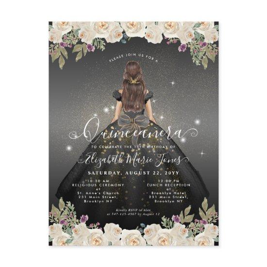 Floral Black White Gold Glam Princess Quinceanera Postcard