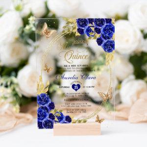 Floral Blue Gold Tiara Butterfly Mis Quinceañera Acrylic