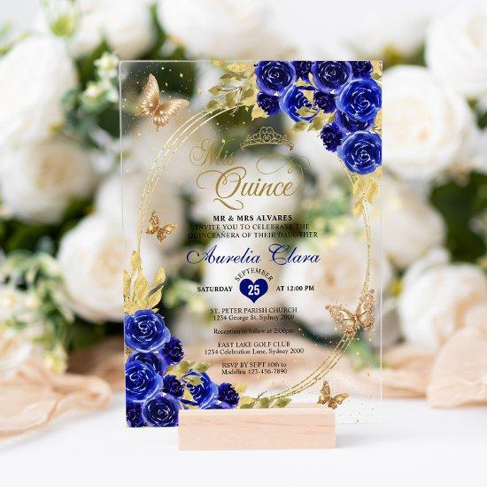 Floral Blue Gold Tiara Butterfly Mis Quinceañera Acrylic