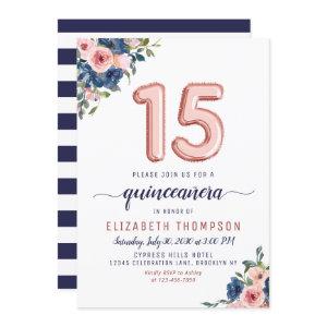 Floral Blush Navy Rose Gold Balloons Quinceañera