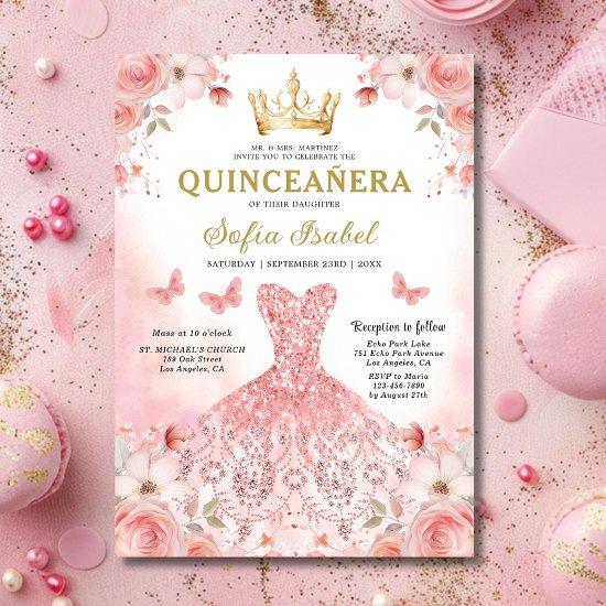 Floral Blush Pink Bilingual Spanish Quinceanera