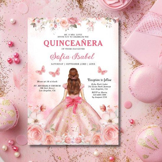 Floral Blush Pink Bilingual Spanish Quinceanera