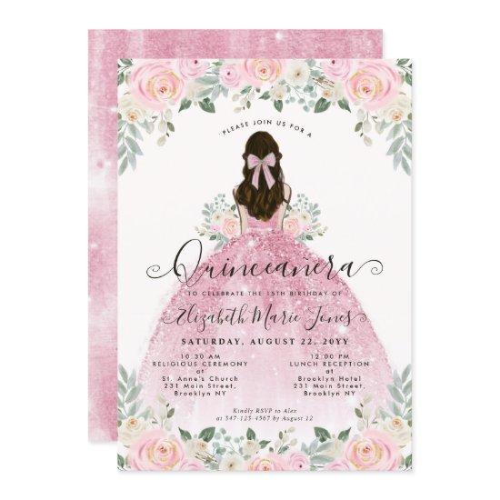Floral Blush Pink Dress 15th Birthday Quinceanera
