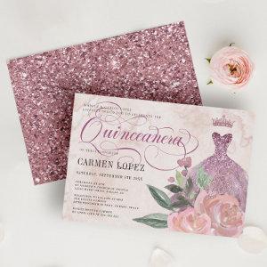 Floral Blush Pink Glitter Princess Quinceanera
